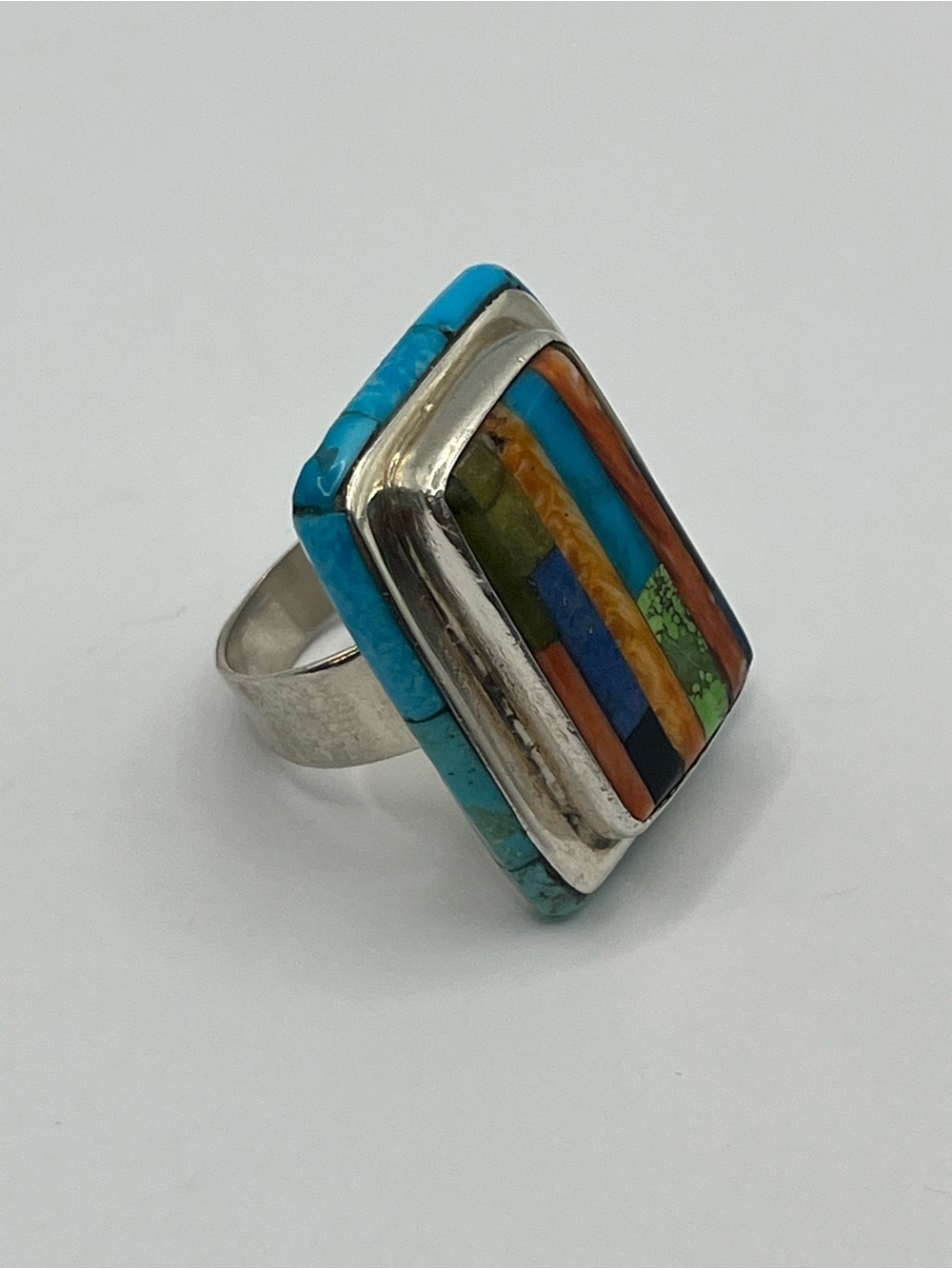 Sterling Multistone Inlay Rectangular Native American Ring. Size 7.5. Handmade